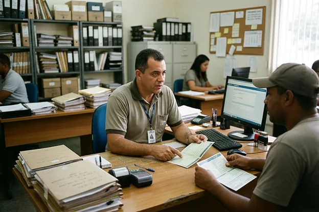 Profissional conversando sobre o licenciamento de veículos em 2023.