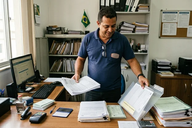 Profissional organizando documentos para o emplacamento do veículo.