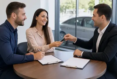 Profissional orientando cliente sobre transferência de veículo.