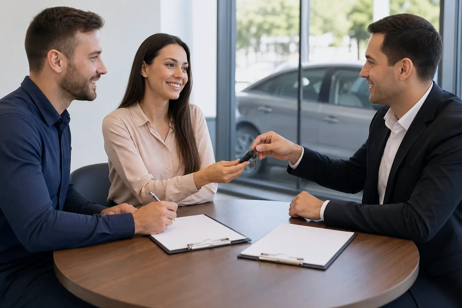 Profissional orientando cliente sobre transferência de veículo.